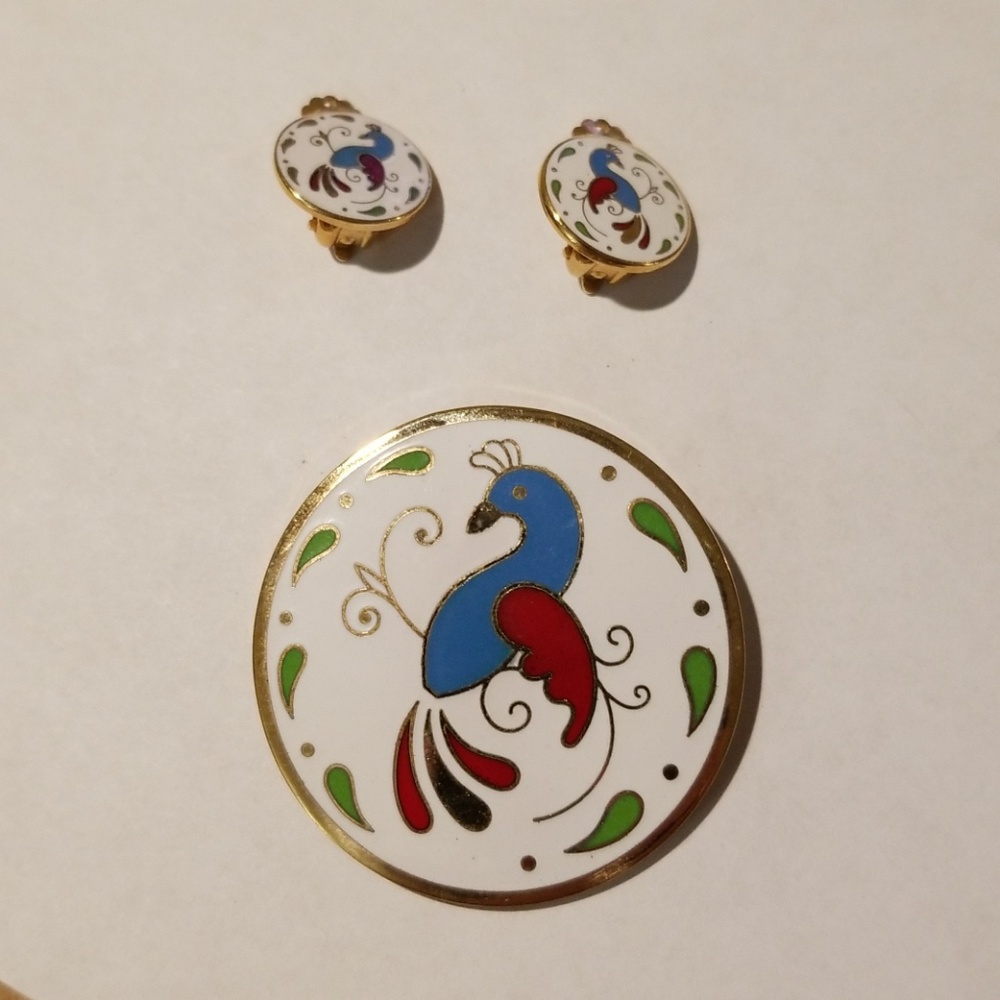 Vintage Distelfink Hex Sign Brooch & Earring Set